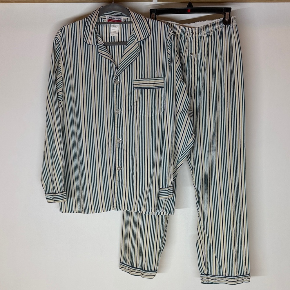 Manhattan Green, Blue and White Cotton Poly Striped Pajama Set size medium
